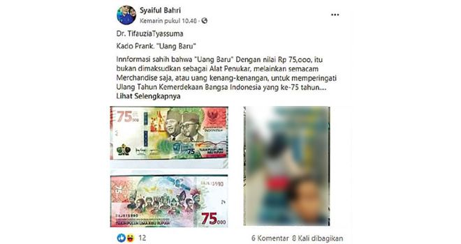 Hoax Pecahan Rp 75.000 Bukan Alat Tukar yang Sah