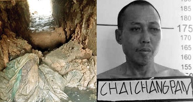 Cai Changpan alias Cai Ji Fan (kanan). Gorong-gorong tempat Cai Changpan melarikan diri yang berada di samping Lapas Kelas I Tangerang (kiri).