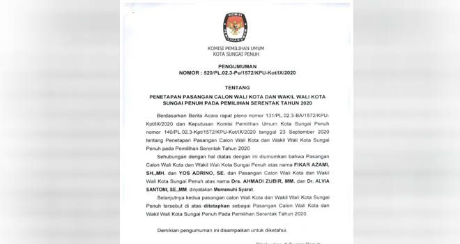 KPU Resmi Tetapkan Dua Paslon di Pilwako Sungai Penuh