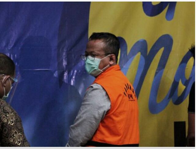 Mantan Menteri Kelautan dan Perikanan Edhy Prabowo mengenakan rompi oranye khas tahanan KPK usai ditetapkan sebagai tersangka kasus dugaan suap izin ekspor benih lobster di Gedung KPK, Kuningan, Jakarta, Rabu (25/11). (Issak Ramdhani/Fajar Indonesia Network)