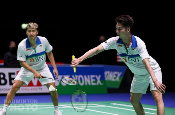 Ganda nomor satu dunia Marcus Fernaldi Gideon/Kevin Sanjaya Sukamuljo saat berlaga di All England 2021.
