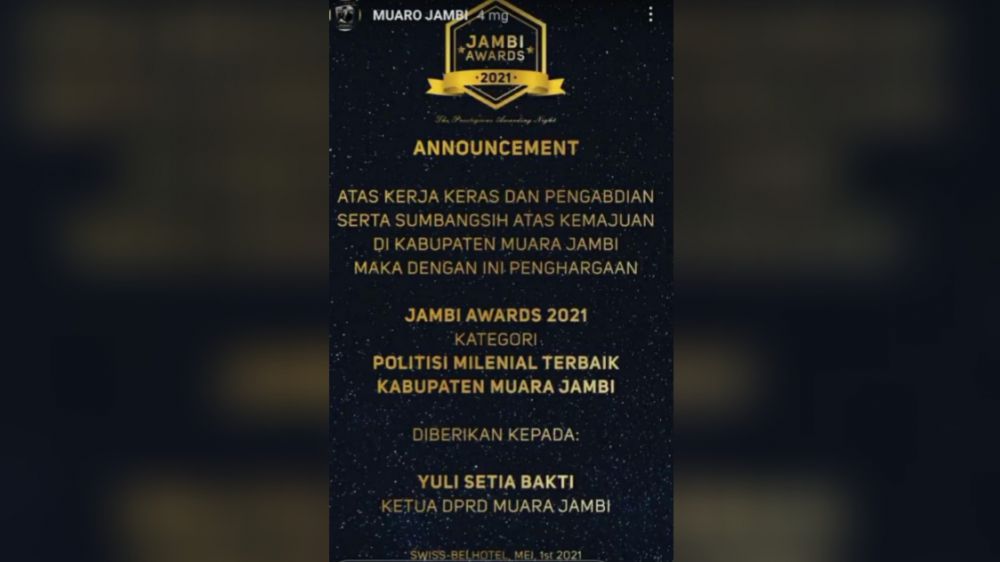 Yuli Setia Bakti Dinobatkan sebagai Politisi Milenial Terbaik Di Muaro Jambi.