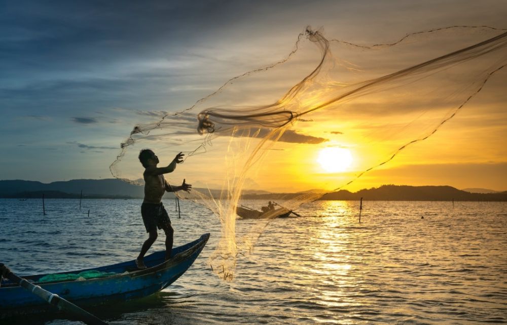 Nelayan menjaring ikan.
