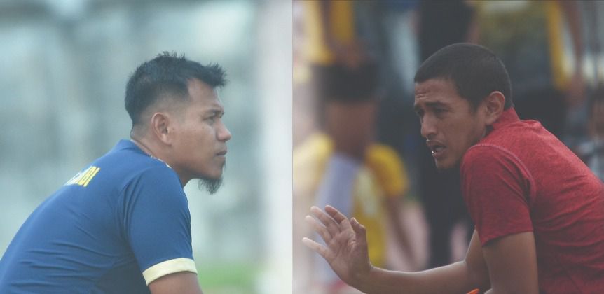 Pelatih Kota Jambi Saktiawan Sinaga dan Pelatih Muaro Jambi Hengki Ardiles