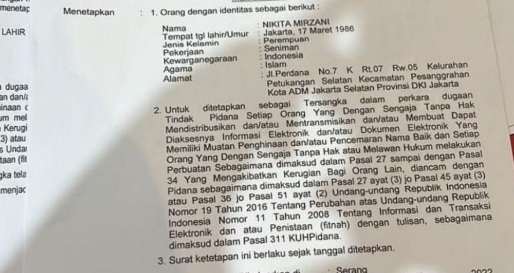 Surat penetapan Tersangka Nikita Mirzani yang beredar.
