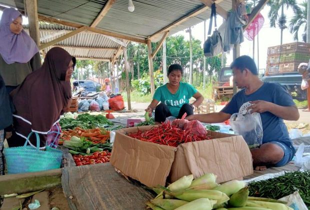 PEDAGANG: Terlihat pedagang saat berinteraksi dengan pembeli di pasar rakyat Kelurahan Parit Culum I, Kecamatan Muara Sabak Barat.