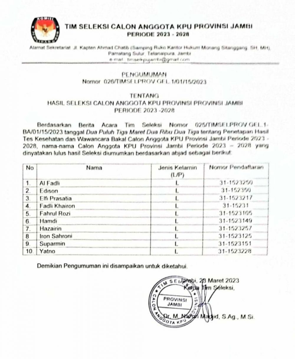 Timsel Umumkan 10 Besar Calon Anggota KPU Provinsi Jambi
