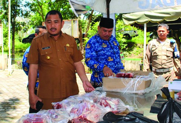 PENGECEKAN: Bupati Bungo mengecek stok daging dan berbagai pangan lainnya di kantor Bulog Bungo jelang Hari Raya Idul Fitri.