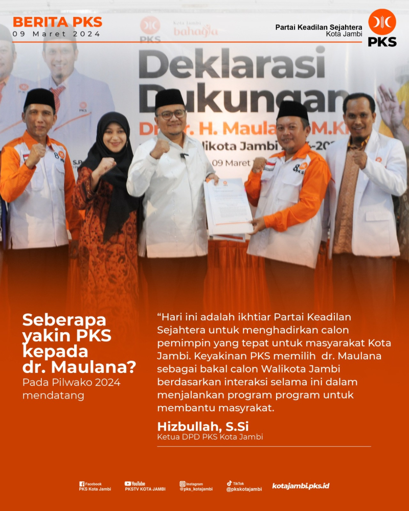 Ketua DPD PKS Kota Jambi Hizbullah ketika menyerahkan dukungan kepada Maulana beberapa waktu lalu.