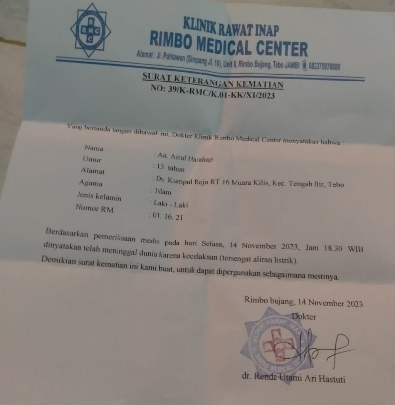 BREAKING NEWS! Perkara Dugaan Pemalsuan Surat Kematian Airul Harahap, Santri Ponpes di Tebo, Naik Penyidikan