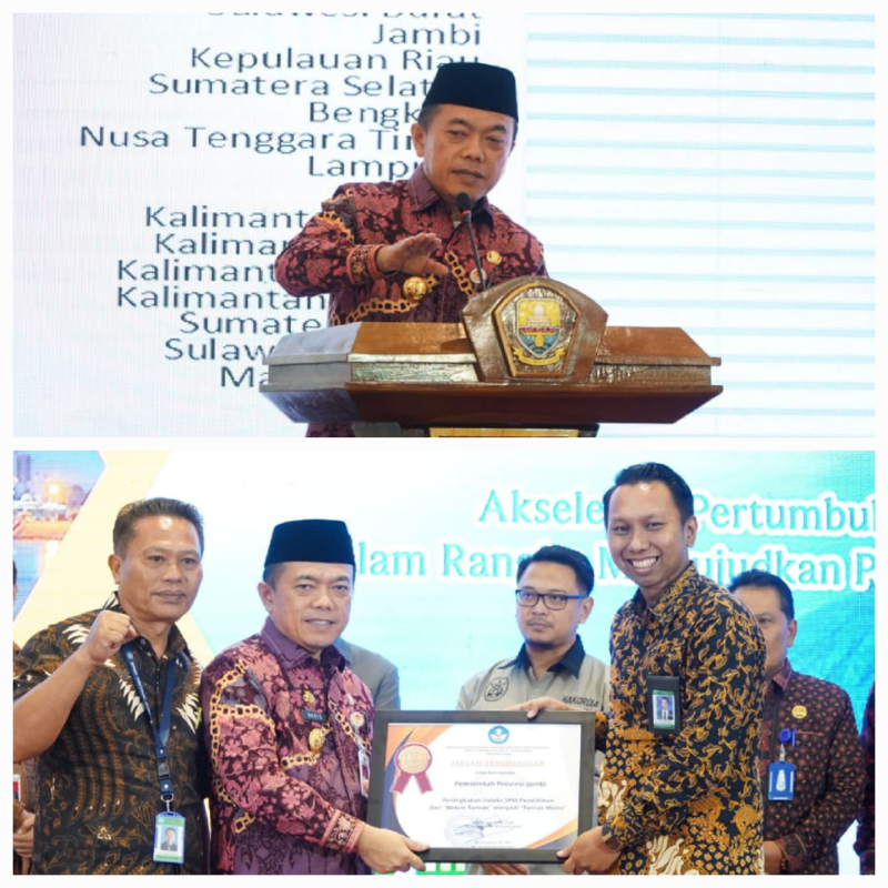 Gubernur Jambi Dr.H. Al Haris, S.Sos, MH saat Membuka Musrenbang RKPD Tahun 2025.
(Insert) Gubernur Menerima Piagam Penghargaan Indeks SPM Pendidikan dari Kemendikbud RI