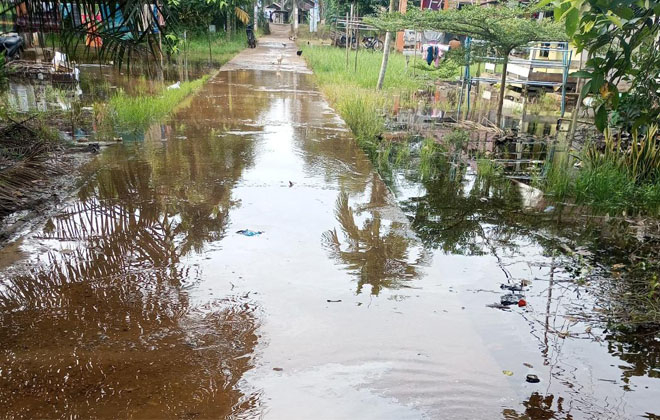 Kondisi air pasang di jalan lingkungan warga Kelurahan Teluk Dawan, Kecamatan Muara Sabak Barat, Kabupaten Tanjabtim, yang berada tepat ditepi sungai.