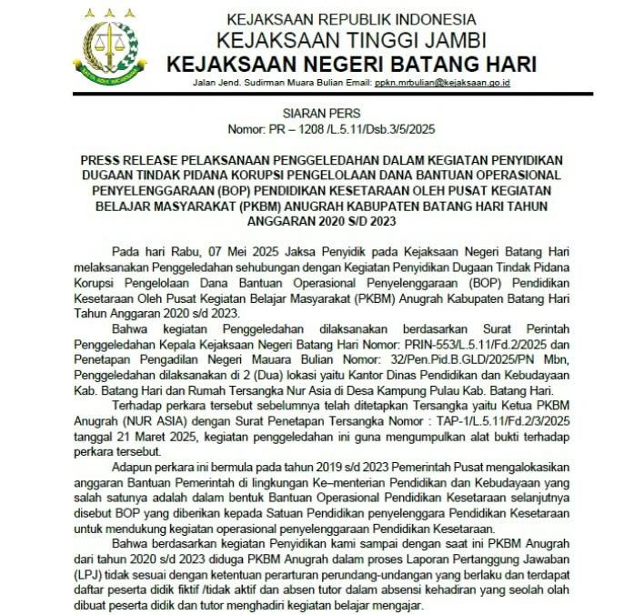 Kasus Penggeledahan di Dinas PDK Batanghari, LPJ Tidak Sesuai, Ketua PKBM Anugrah di Tetapkan Tersangka