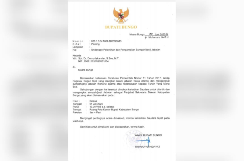 Bupati Bungo Dedy Putra akan lantik Donny Iskandar sebagai Penjabat Sekda Bungo menggantikan Mursidi yang memasuki masa pensiun mulai 1 Juli 2025.