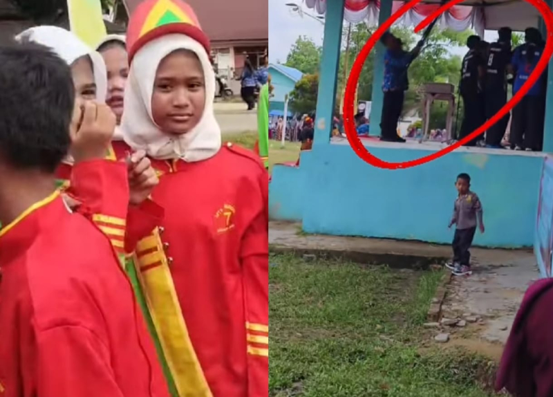 Anggota drumb band pecah tangis akibat kecewa penampilan mereka terpaksa terhenti karena panitia putar musik lagu ulang tahun untuk kejutan ke istri camat.