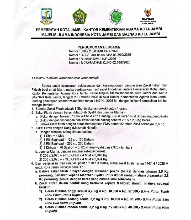 Zakat Fitrah 2026 di Kota Jambi Resmi Ditetapkan, Segini Nominalnya!