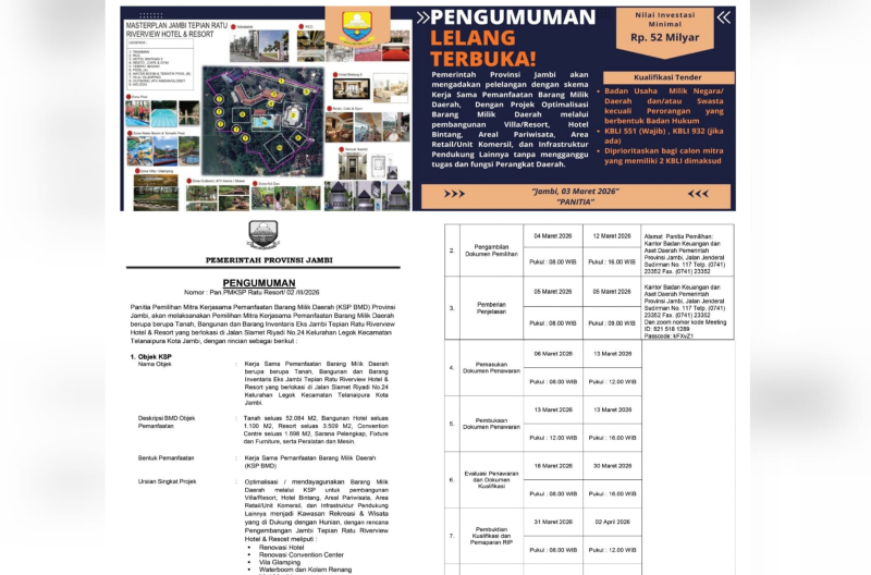 Pemprov Jambi Lelang Terbuka Pengelolaan KSP Eks Tepian Ratu Hotel & Resort, Investasi Minimal Rp52 M, Ini Pengumumannya !