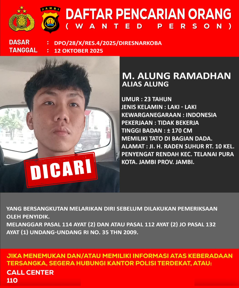 Ini Identitas Tersangka Sabu 58 Kg yang Kabur dari Lantai Dua Polda Jambi