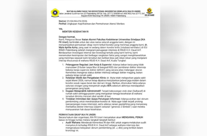 Dokter Internship RSUD KH Daud Arif Meninggal, IKA FK Unsri Soroti Dugaan Kejanggalan